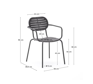 Brai stackable outdoor chair with armrests in dark grey galvanised steel - sizes