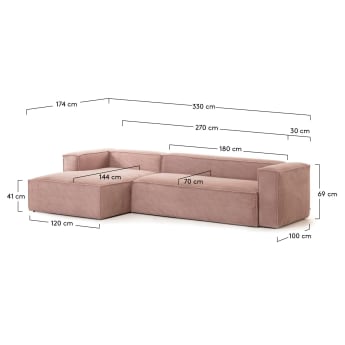 Blok 4-seater sofa with left chaise longue thick pink corduroy 330 cm - sizes