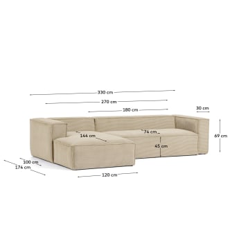 Blok 4-seater sofa with left chaise longue thick taupe corduroy 330 cm - sizes