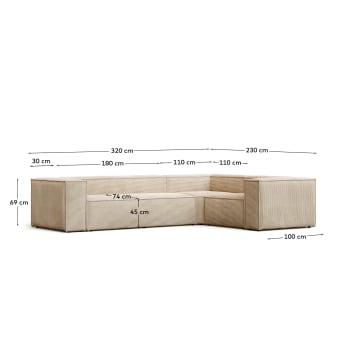 Blok 4-seater sofa with right chaise longue thick taupe corduroy 330 cm - sizes