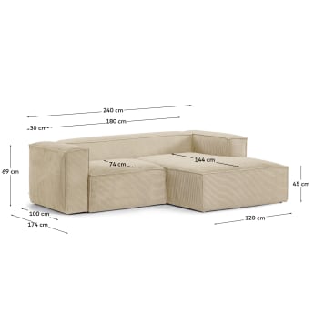 Blok 2-seater sofa with right chaise longue thick taupe corduroy 240 cm - μεγέθη