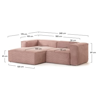 Blok 2-seater sofa with left chaise longue thick pink corduroy 240 cm - sizes