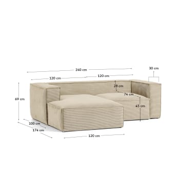 Blok 2-seater sofa with left chaise longue thick taupe corduroy 240 cm - μεγέθη