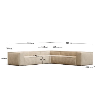 Blok 6-seater corner sofa thick taupe corduroy 320 x 320 cm - μεγέθη