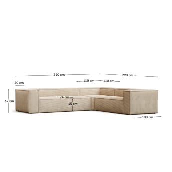 Blok 5-seater corner sofa thick taupe corduroy 320 x 290 cm / 290 x 320 cm - sizes