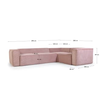 Blok 3-seater corner sofa thick pink corduroy 290 x 230 cm / 230 x 290 cm - sizes