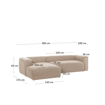 Blok 3-seater sofa with left chaise longue beige chenille 300 cm - sizes
