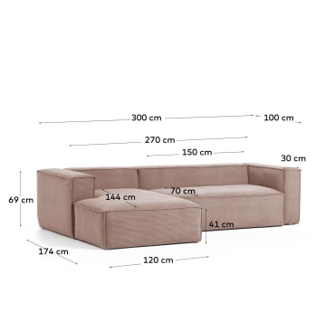Blok 3-seater sofa with left chaise longue thick pink corduroy 300 cm - sizes