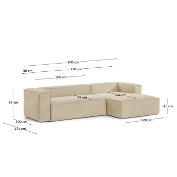 Blok 3-seater sofa with right chaise longue thick taupe corduroy 300 cm - sizes