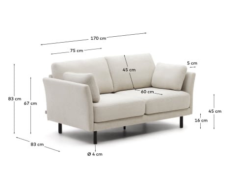 Gilma 2 seater sofa in chenille pearl with painted black finish legs, 170 cm - sizes