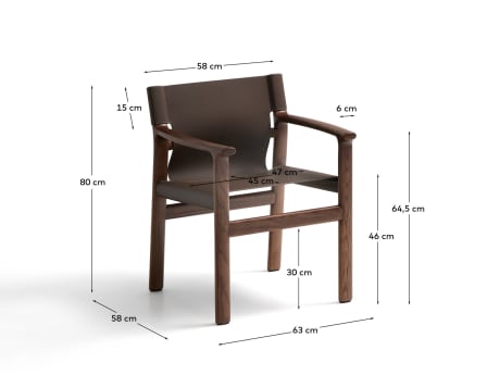 Jan chair made of dark brown recycled leather fibres and FSC 100% solid ash wood with walnut-coloured finish - sizes