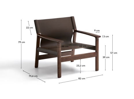 Jan armchair made of dark brown recycled leather fibres and FSC 100% solid ash wood with walnut-coloured finish - sizes