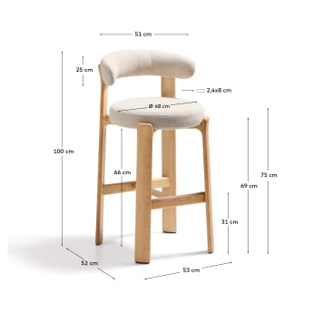 Granite stool made of beige chenille and solid ash wood with natural tone finish FSC 100% 75cm - sizes