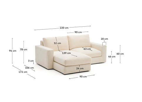 Modular sofa Alea 3-seater with left chaise longue 220 cm - sizes