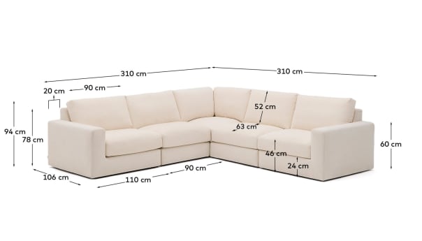 Alea 5-seater modular corner sofa with removable cover in ecru chenille 310 x 310cm - sizes