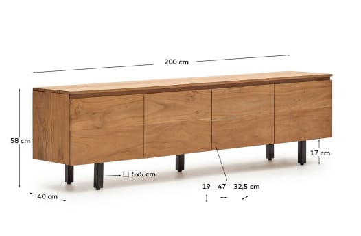 Uxue 4-door TV stand in solid acacia wood with bleached finish 200 x 58cm - sizes