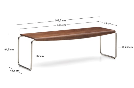 Tarsel bench in FSC 100% walnut veneer with brushed stainless steel structure 142cm - sizes