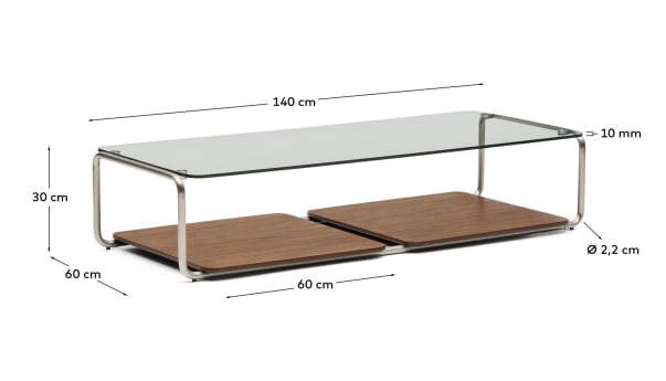 Tarsel coffee table in tempered glass with FSC 100% walnut veneer tray with brushed stainless steel structure 140 x 60cm - sizes