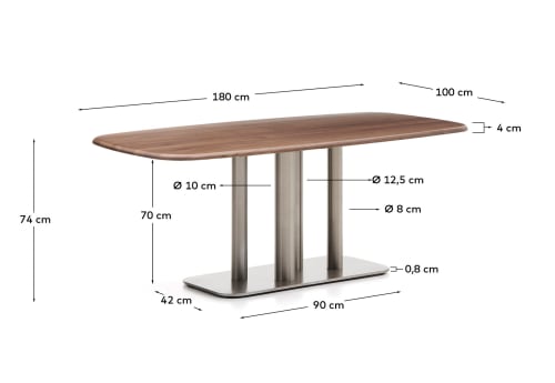 Melvar table made from FSC 100% walnut veneer and legs with brushed stainless steel base 180 x 100cm - sizes