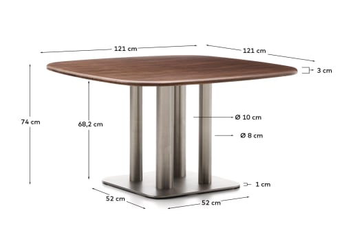 Melvar table made from FSC 100% walnut veneer and legs with brushed stainless steel base 121 x 121cm - sizes