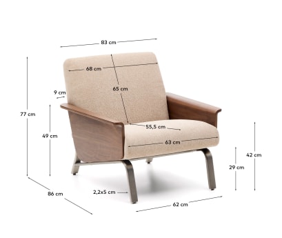 Amsen light brown armchair in walnut plywood with legs in brushed stainless steel FSC 100% - sizes