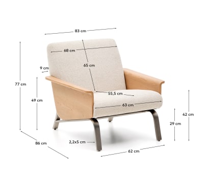 Amsen beige armchair in oak plywood with legs in brushed stainless steel FSC 100% - sizes