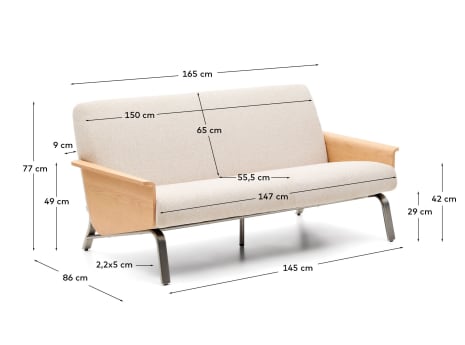 Amsen beige 2-seater sofa in oak plywood with brushed stainless steel legs 150cm FSC 100% - sizes