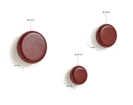 Nadue set of 3 solid beech wood wall hooks with a maroon finish - sizes