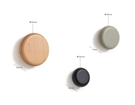 Nadue set of 3 solid beech wood wall hooks with natural, grey, and black finishes - sizes
