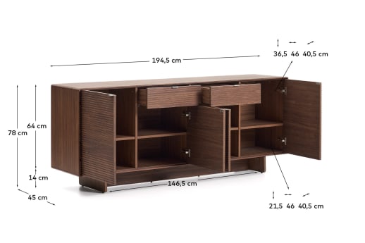 Norlen tall sideboard with 4 doors and 2 drawers in walnut veneer FSC Mix Credit 194,5 x 78cm - sizes