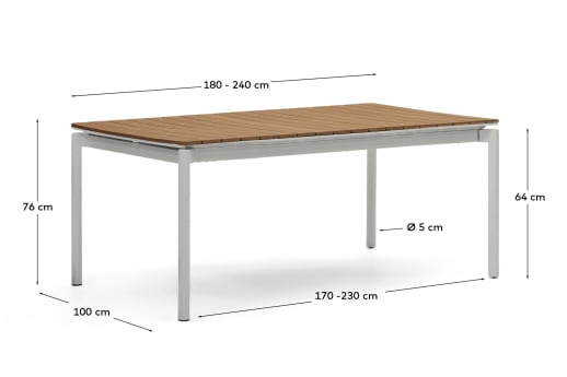 Canyelles outdoor extendable table in polywood and aluminium in light grey 180 (240) x 100cm - sizes