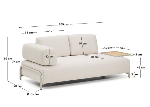 Compo 2-seater sofa in ecru chenille, large oak veneer tray table and beige metal frame 200 cm FSC Mix Credit - sizes