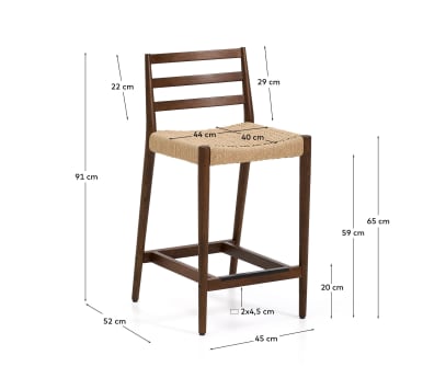 Analy stool with backrest in solid oak wood with walnut-tone finish and rope seat, 65 cm, FSC 100% - sizes
