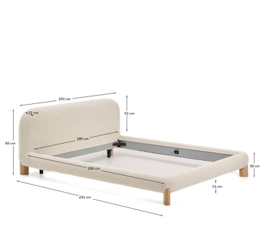 Odina ecru bouclé bed with removable cover and solid ash wood legs with natural finish for 180 x 200cm mattress - sizes