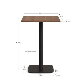 Dina high table in walnut finish melamine with metal leg in a painted black finish, 60x60x96 cm - sizes