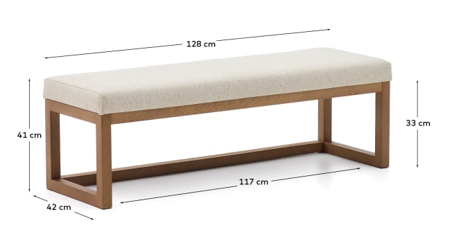 Loya bench in beige chenille and beech wood with walnut-coloured finish 128cm - sizes