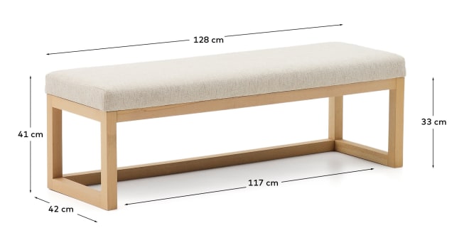 Loya bench in beige chenille and beech wood 128cm - sizes