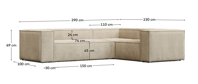 Blok fire-retardant 3-seater corner sofa in thick ecru corduroy 290x230cm/230x290cm FSC Mix Credit - sizes