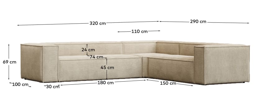 Γωνιακός καναπές 5 θέσεων Blok fire resistant, χοντρό κοτλέ εκρού 320 x 290 / 290 x 320 εκ. FSC Mix Credit FR - μεγέθη