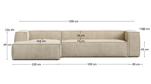 Blok fire-retardant 4-seater sofa with left chaise longue in thick ecru corduroy 330cm FSC Mix Credit - sizes
