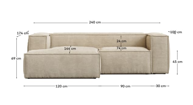Blok fire-retardant 2-seater sofa with left chaise longue in thick ecru corduroy 240cm FSC Mix Credit - sizes