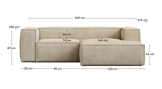 Blok fire-retardant 2-seater sofa with right chaise longue in thick ecru corduroy 240cm FSC Mix Credit - sizes