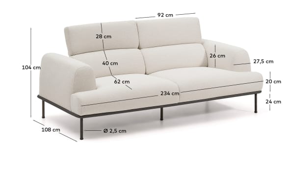 Aurum 3-seater sofa in ecru chenille with reclining headrest and matte grey metal base 234cm FSC Mix Credit - sizes