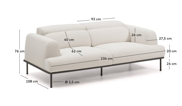 Aurum 3-seater sofa in ecru chenille with reclining headrest and matte grey metal base 234cm FSC Mix Credit - sizes