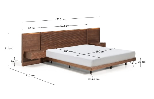 Norlen bed with 2 bedside tables in walnut veneer with dark finish and LED light for 180 x 200cm mattress FSC 100% - sizes