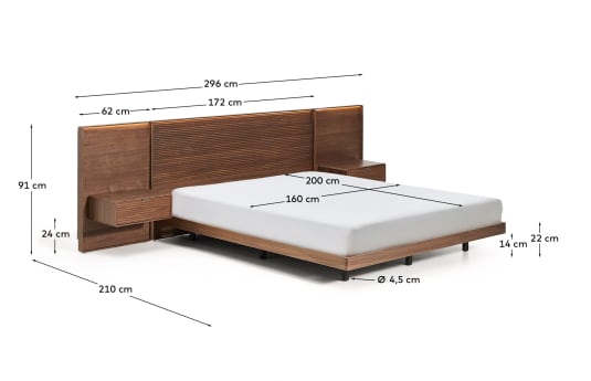 Norlen bed with 2 bedside tables in walnut veneer with dark finish and LED light for 160 x 200cm mattress FSC Mix Credit UK adapter - sizes