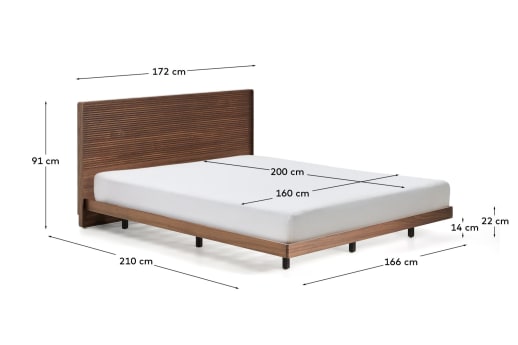 Norlen bed in walnut veneer with dark finish and LED light for 160 x 200cm mattress FSC 100% - sizes