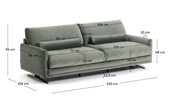 Veliro green velvet 3-seater sofa with black-finish steel legs 240cm FSC Mix Credit - sizes