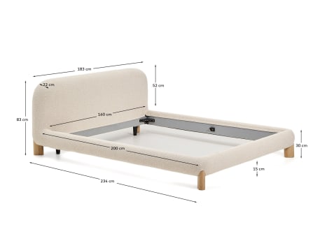 Odina ecru bouclé bed with removable cover and solid ash wood legs with natural finish for 160 x 200cm mattress - sizes