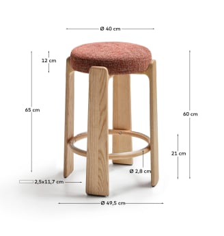 Granite stool in terracotta chenille and solid ash wood with a natural tone finish FSC 100% 65cm - sizes